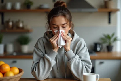 Jeune femme se mouchant dans une cuisine chaleureuse