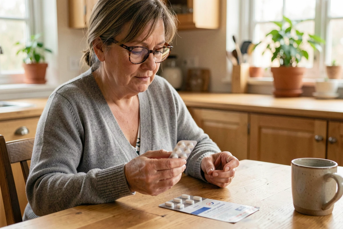 Femme d'âge mûr lisant la notice du médicament antidépresseur Brintellix à la table de sa cuisine