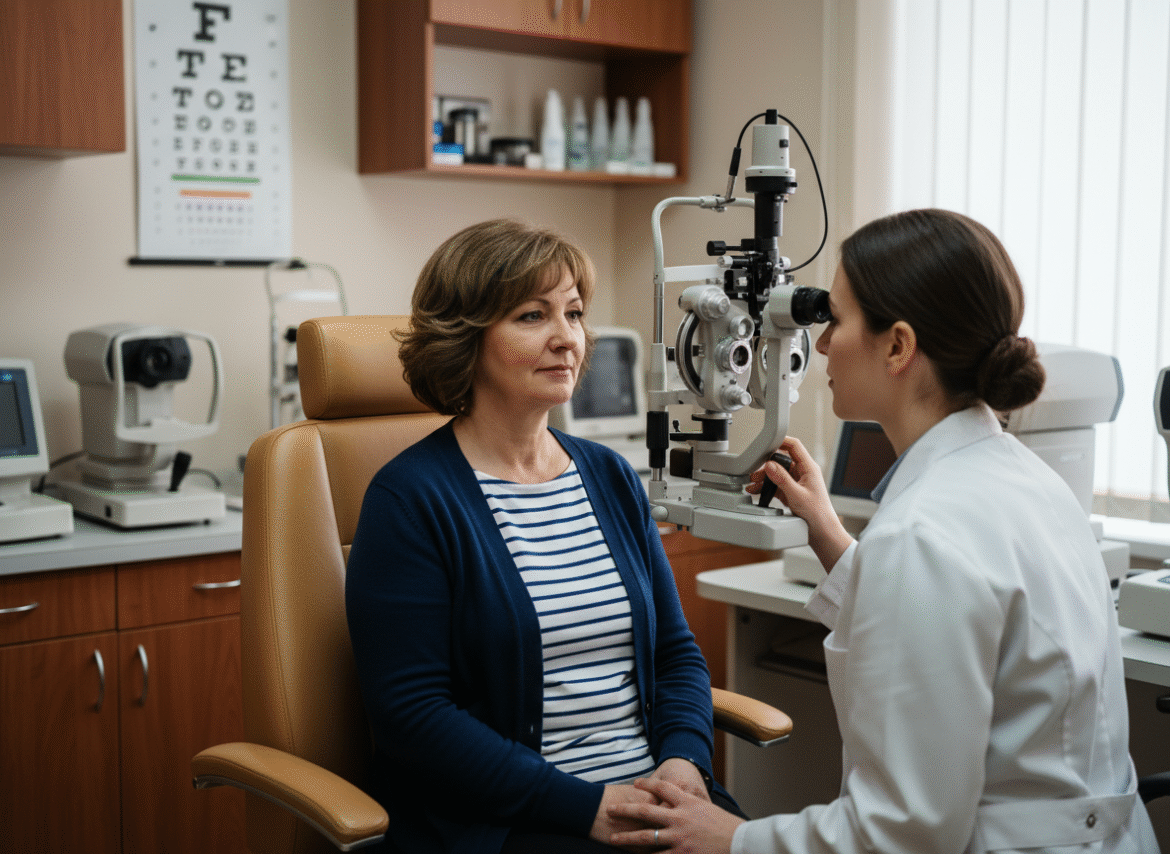 Femme attentive lors d'un test de vue chez l'opticien