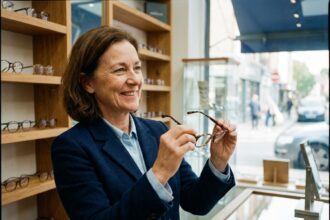 Femme souriante examine des lunettes modernes en boutique
