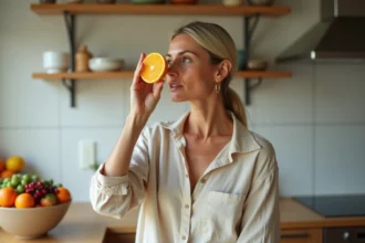 Femme tenant une orange coupée en deux dans une cuisine, illustrant la question de la vitamine D dans les fruits