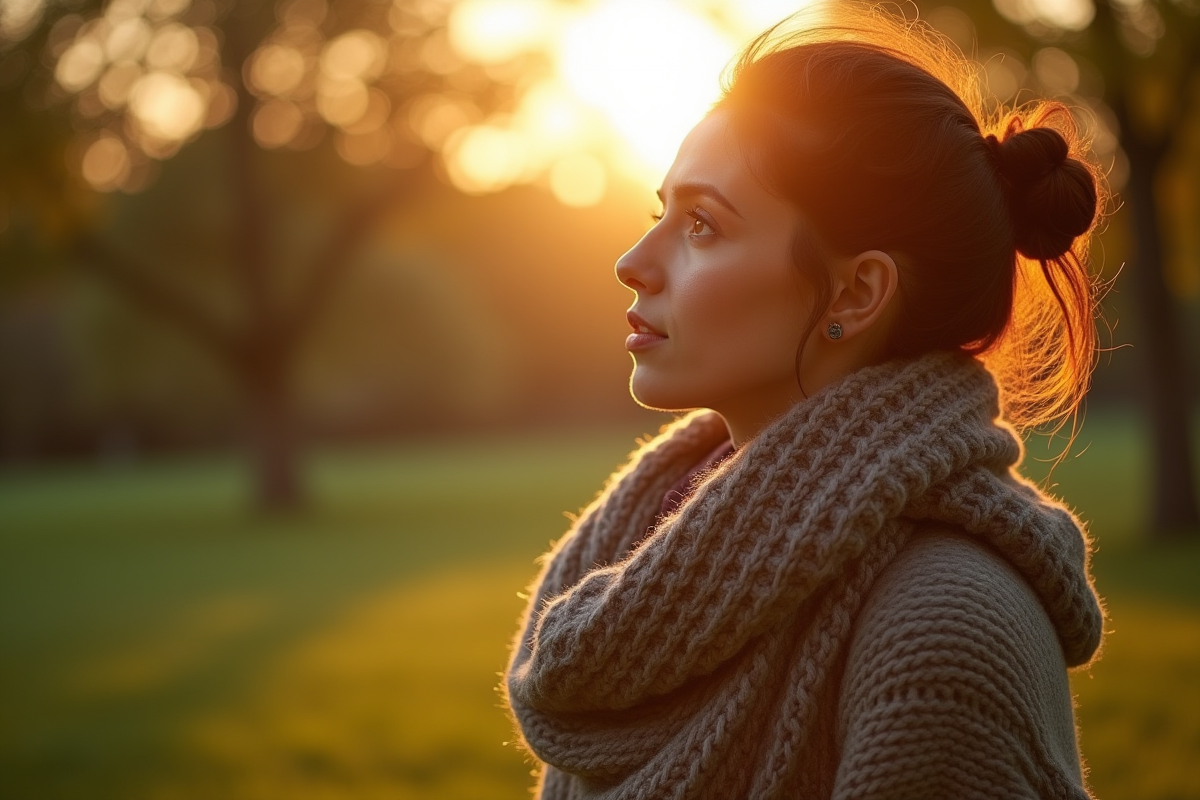 Femme seule dans un parc au lever du soleil avec écharpe