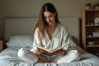 Femme pensive en pyjamas coton dans un lit cosy