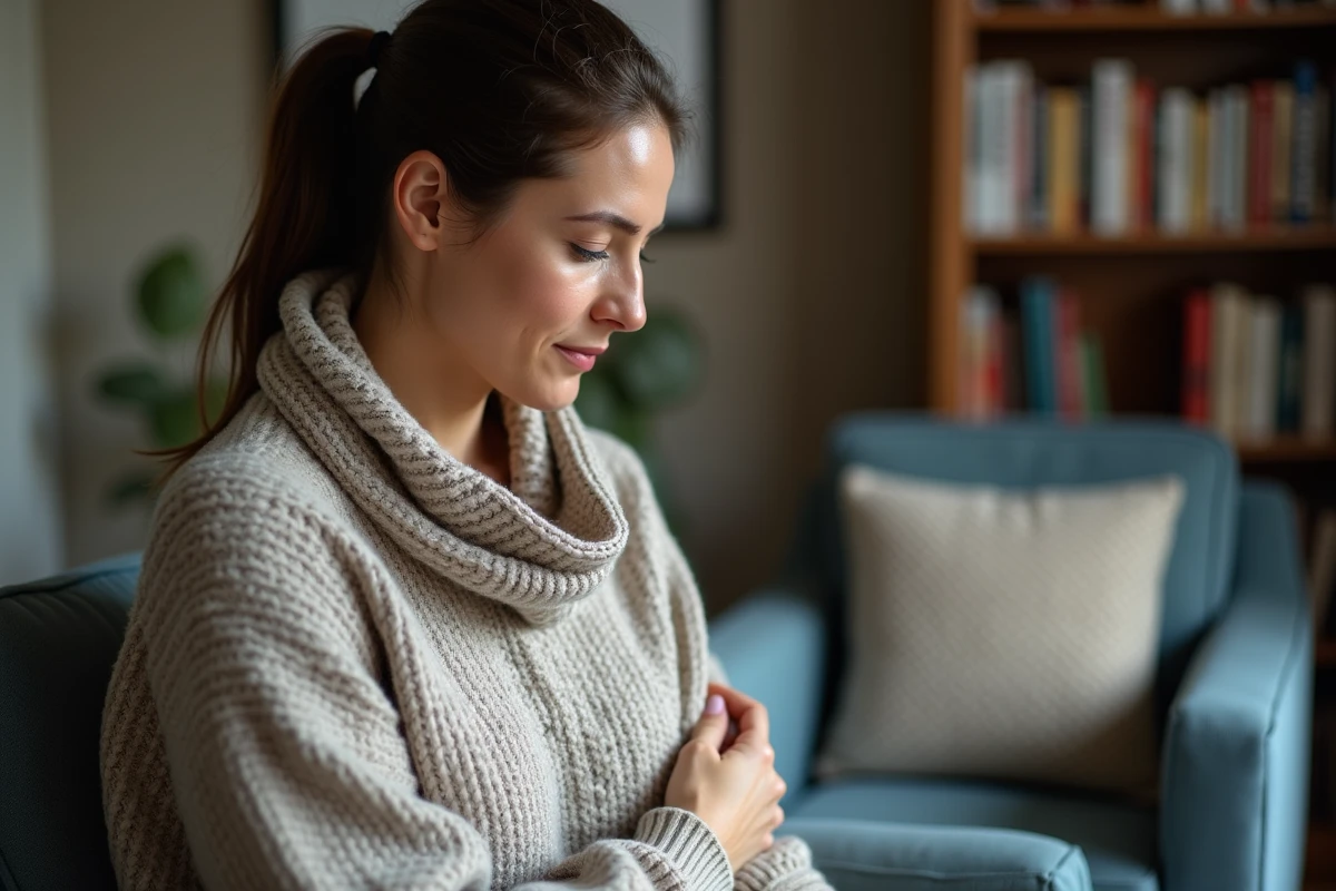 Femme contemplant un bandage portacath dans un salon cosy