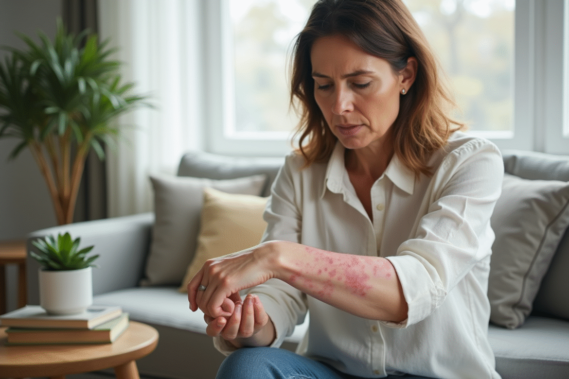 Femme examinant un psoriasis rouge sur son bras dans un salon lumineux