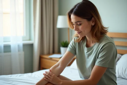 Femme d'âge moyen examinant une tache sur son bras