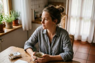 Femme posant une cigarette froissée sur une table en bois devant une tasse de tisane, symbolisant la démarche de réduction du tabac au quotidien