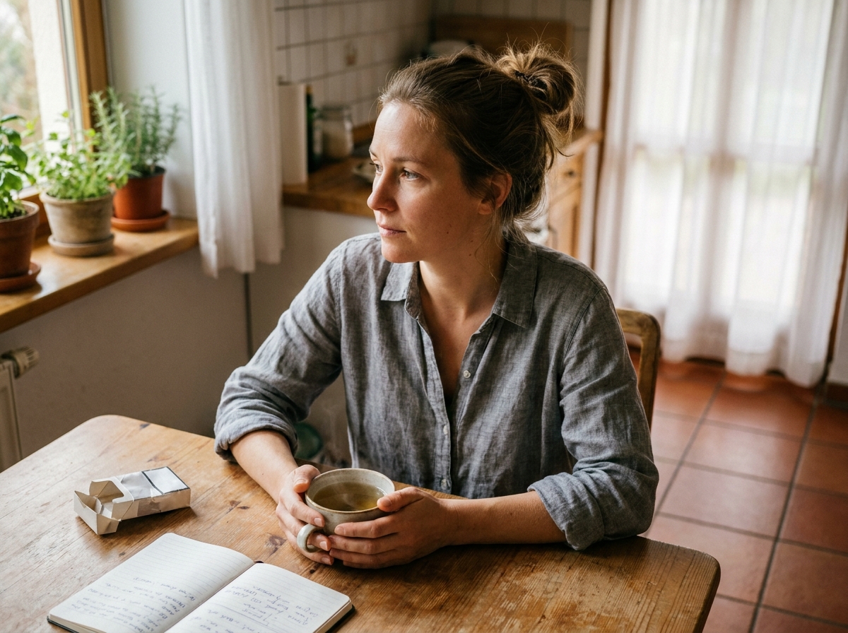 Femme posant une cigarette froissée sur une table en bois devant une tasse de tisane, symbolisant la démarche de réduction du tabac au quotidien