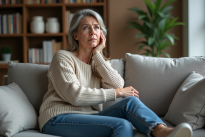 Femme en salon assise pensant dans un cadre moderne