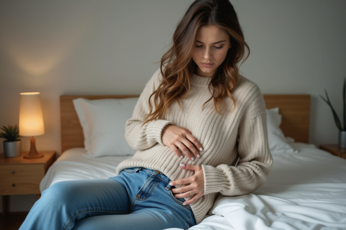 Femme pensive assise sur le lit dans une chambre calme
