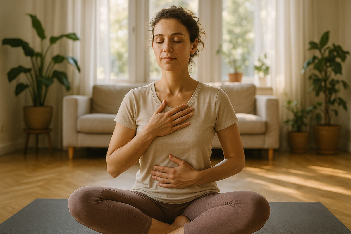 Femme détendue en yoga dans un salon lumineux