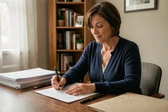 Femme remplissant un dossier MDPH à son bureau avec des documents administratifs