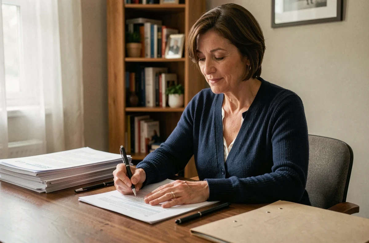 Femme remplissant un dossier MDPH à son bureau avec des documents administratifs