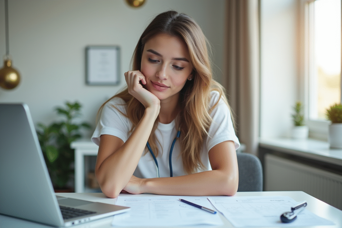 Jeune femme remplissant un formulaire de plainte santé dans un bureau moderne