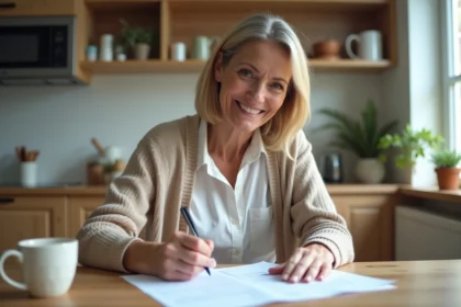 Femme d'âge moyen remplissant un formulaire de sécurité sociale