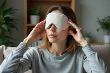 Femme détendue avec masque migraine dans un salon calme