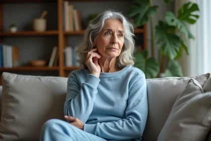 Femme dans son salon en réflexion avec un pull bleu