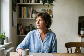 Femme d'âge moyen assise à la cuisine avec une blouse bleue