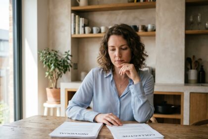 Femme concentrée examinant des documents dans un intérieur moderne