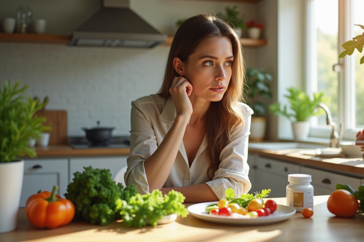 Femme inquiète regardant des légumes frais dans la cuisine