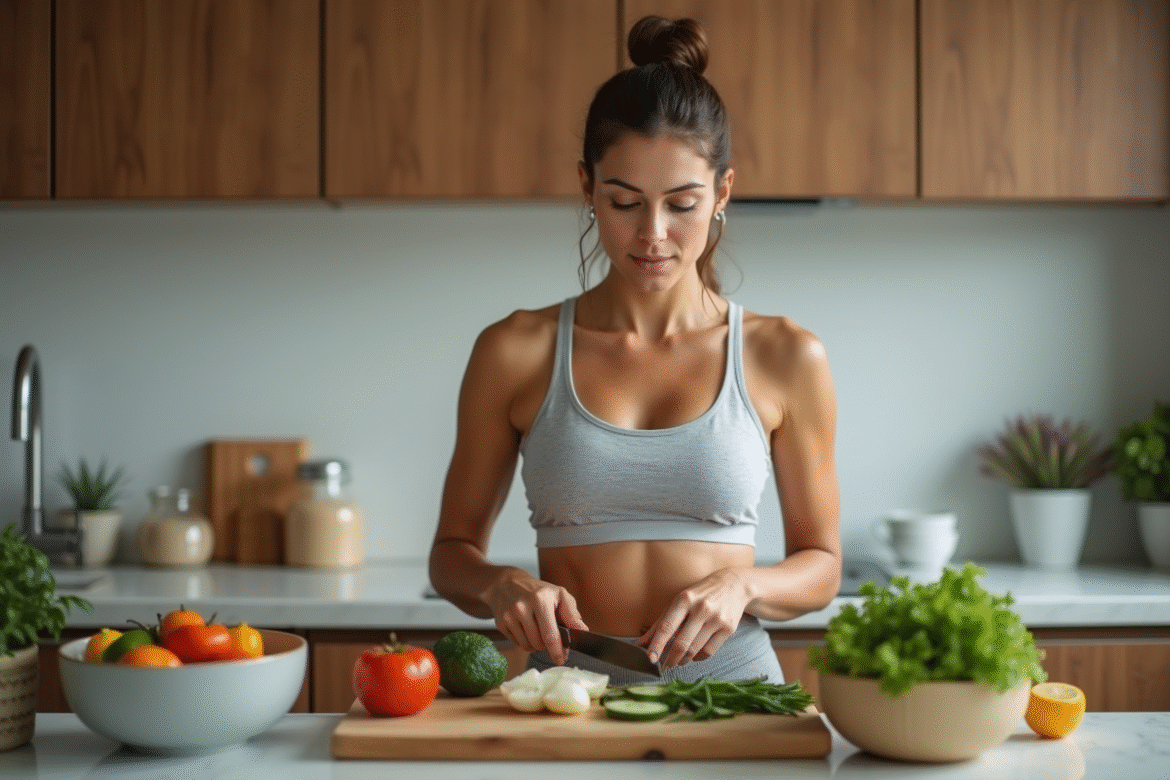 Femme en tenue sportive préparant un repas sain dans une cuisine moderne