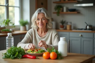 Femme de 50 ans prépare une salade colorée dans une cuisine lumineuse