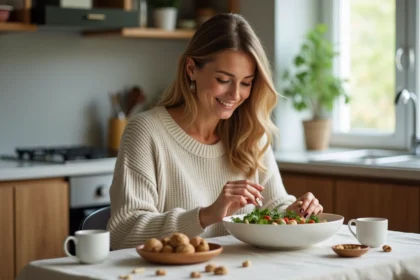Femme souriante avec salade et capsules d omega