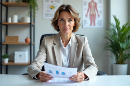 Femme d'âge moyen en tenue professionnelle examine des rapports santé