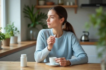 Femme en cuisine tenant des probiotiques et antibiotiques