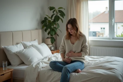 Femme assise sur le lit avec expression pensive