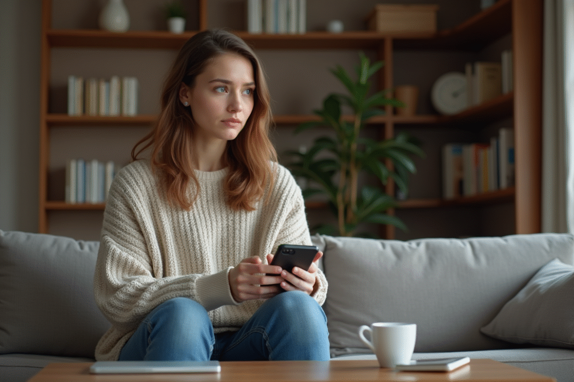 Jeune femme assise sur un canapé avec smartphone