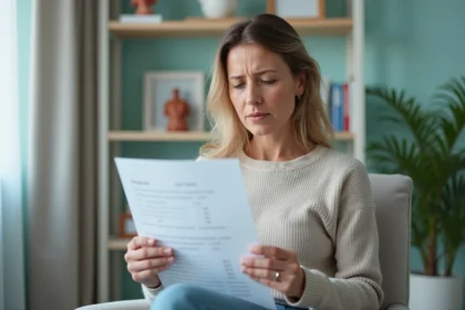 Femme assise avec liste de tests médicaux dans un cabinet