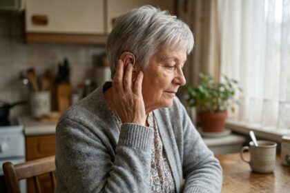 Femme âgée touchant son appareil auditif dans une cuisine chaleureuse, réflexion calme sur le port d'une aide auditive