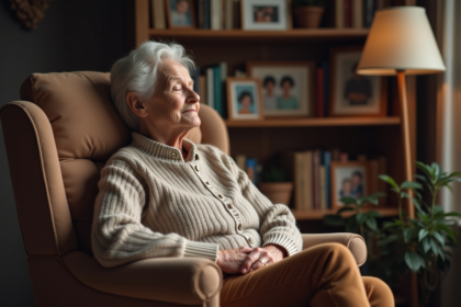 Femme senior paisible dans son salon chaleureux