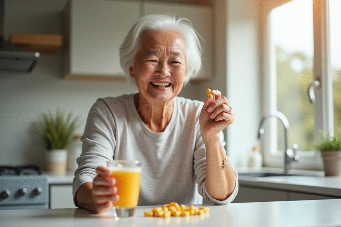 Femme senior souriante prenant une vitamine B12 dans la cuisine
