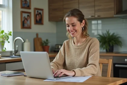Femme souriante remplissant un questionnaire sur un ordinateur