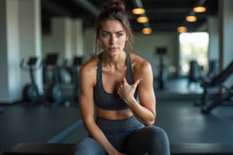 Femme sportive en gym avec expression préoccupée