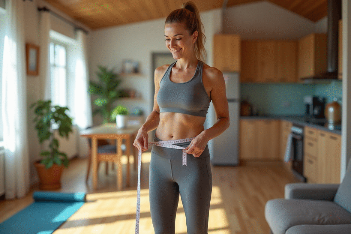 Femme sportive mesurant sa taille dans un salon lumineux