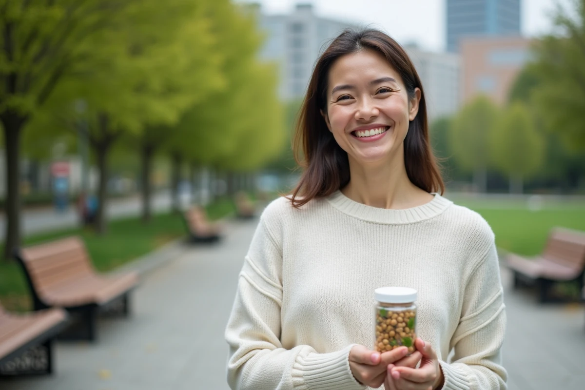 Femme souriante tenant un organisateur de pilules dans un parc urbain