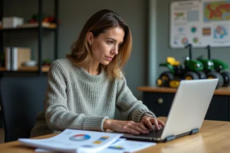 Femme d'âge moyen travaillant sur un ordinateur dans un bureau moderne