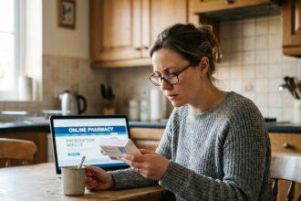 Femme lisant attentivement la notice d'un médicament commandé sur internet avant de le prendre