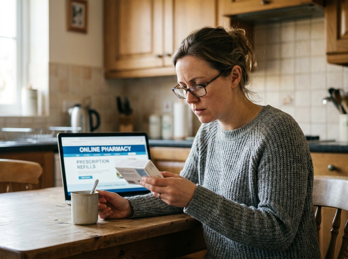 Femme lisant attentivement la notice d'un médicament commandé sur internet avant de le prendre