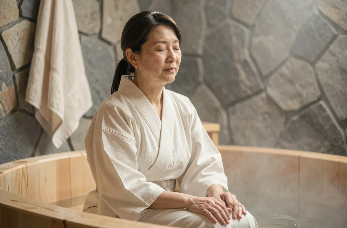 Femme japonaise en yukata se détendant au bord d'un bain en bois de cyprès hinoki dans un spa intime de Kyoto