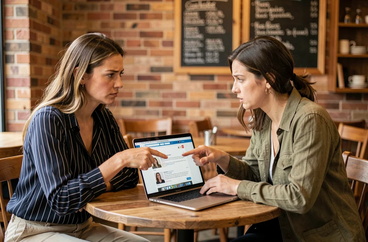 Deux femmes discutant d'avis consommateurs sur les compléments Bears with Benefits devant un ordinateur dans un café