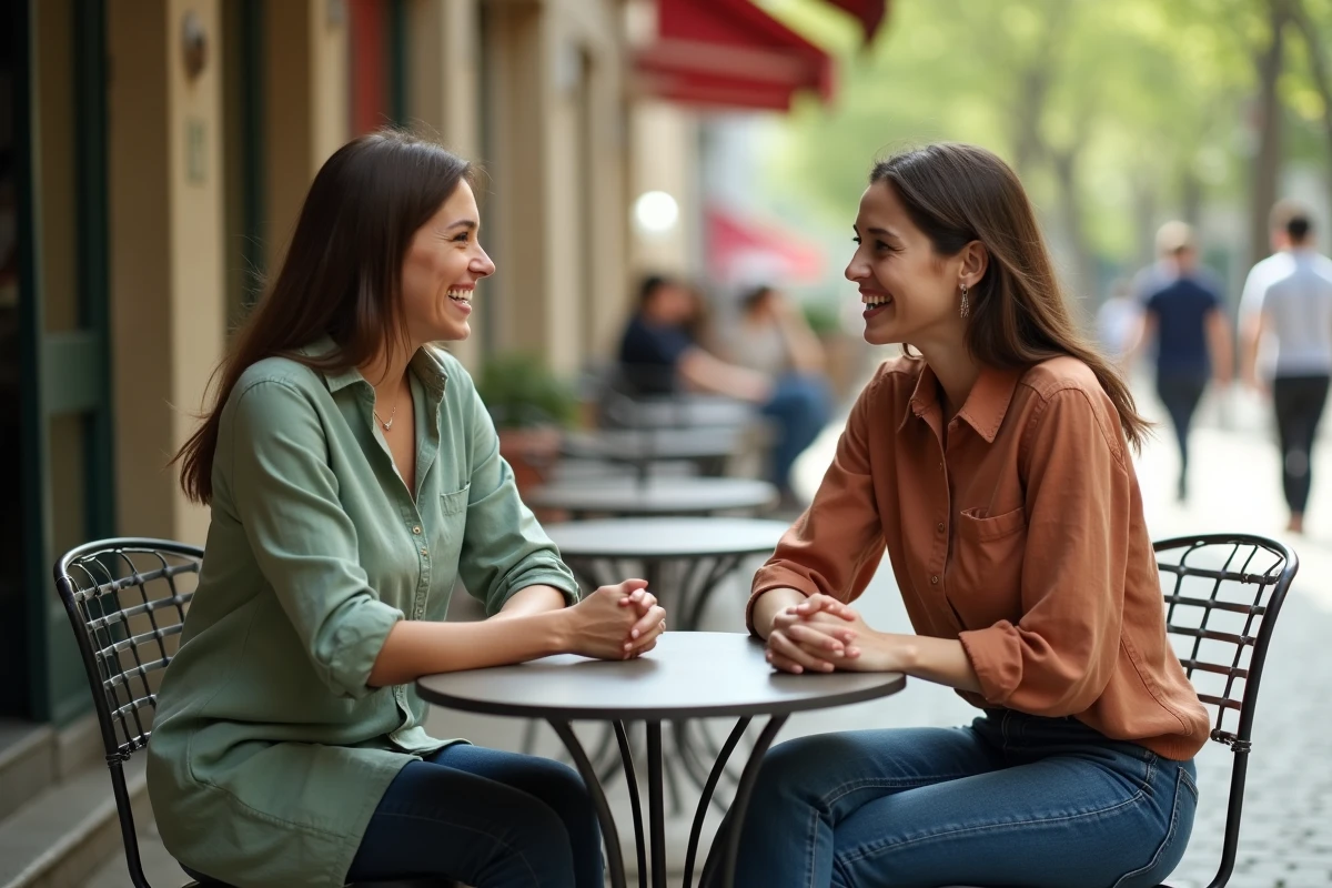 Deux femmes discutant de manière bienveillante en terrasse de café pour surmonter l'anxiété grâce au soutien social