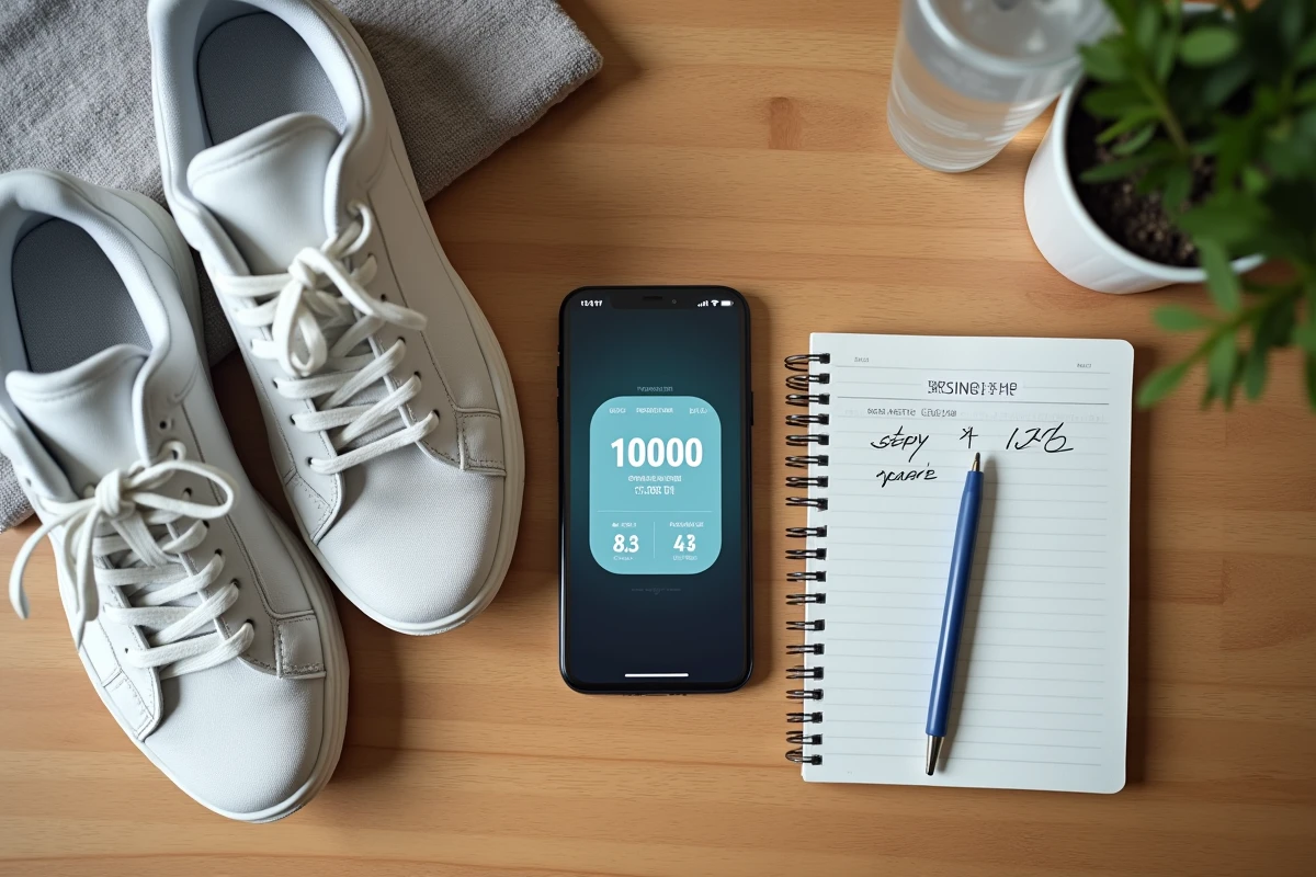 Vue de dessus d'un bureau avec smartphone affichant 10000 pas et calories brûlées, sneakers et carnet de suivi fitness
