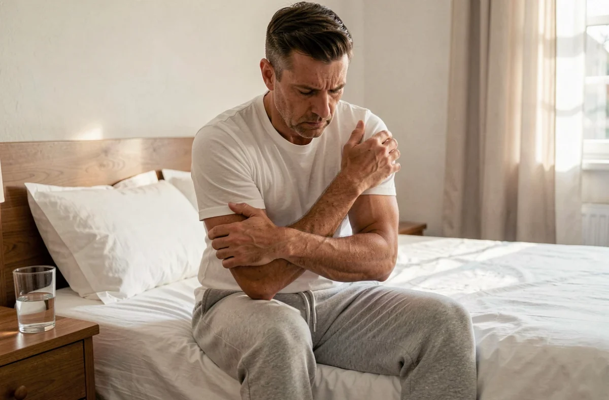 Homme assis sur le bord de son lit tenant son bras douloureux avec des fourmillements, dans un contexte domestique quotidien