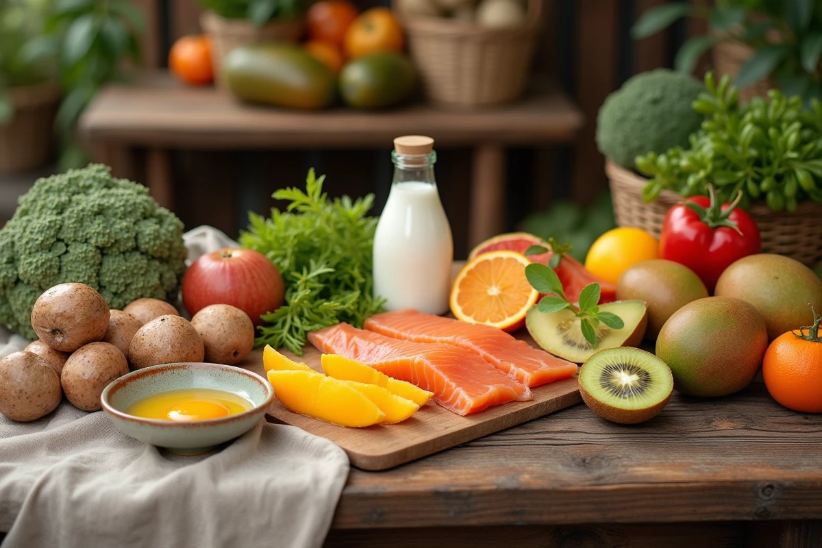Assortiment de fruits et aliments riches en vitamine D disposés sur une table de marché rustique