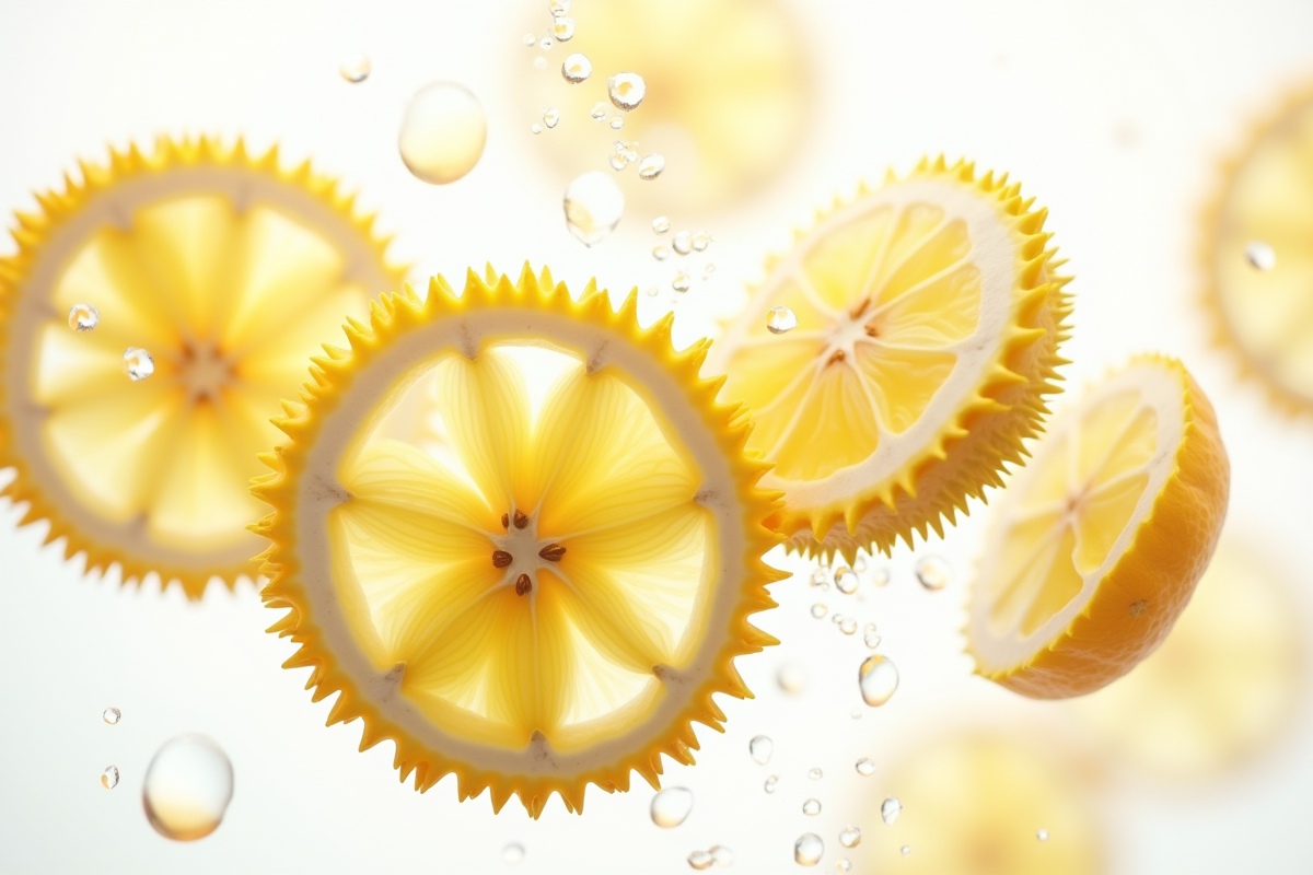 Fruits exotiques tranchés flottant dans de l