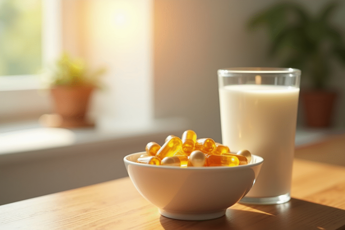 Gourde de vitamine E avec lait au matin en cuisine